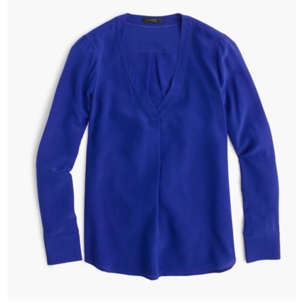 J Crew Drapey 100% Silk V Neck Long Sleeve Blouse Size 12 Blue Relaxed Office